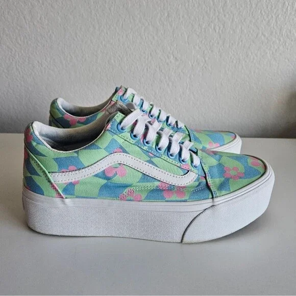 Vans | Old Skool Stacked Checkered Floral Blue Platform Shoes, Womens 9 - Picture 5 of 11
